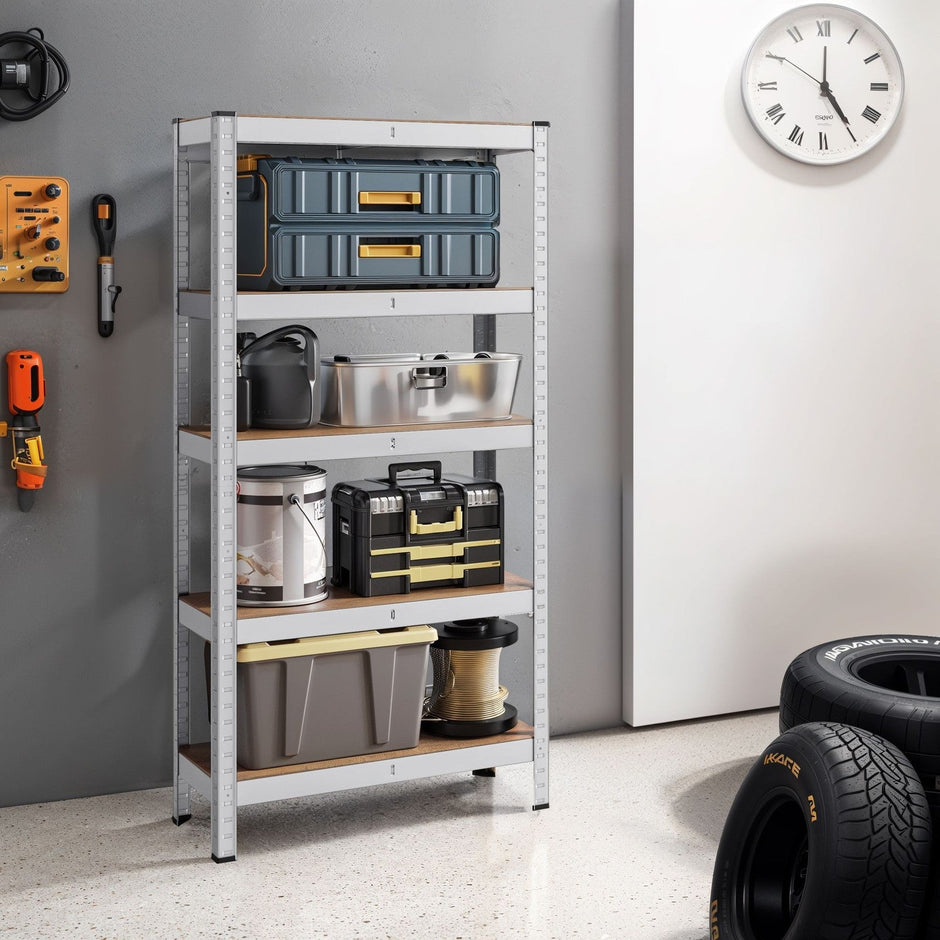 5-Tier Shelving Unit – Metal – Silver/Greige and Black/Rustic Brown – Adjustable Shelves, 650 kg Capacity