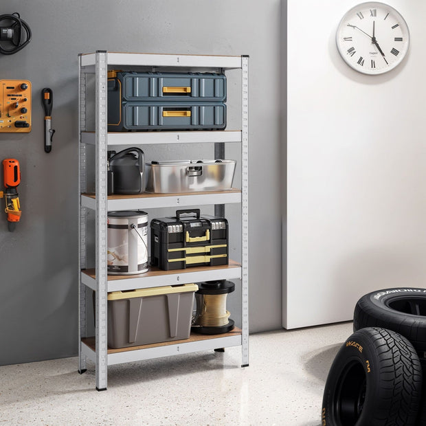 5-Tier Shelving Unit – Metal – Silver/Greige and Black/Rustic Brown – Adjustable Shelves, 650 kg Capacity