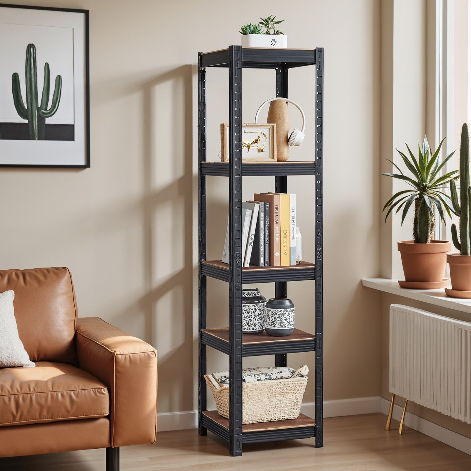 5-Tier Storage Shelf – Wood and Metal – Rustic Brown and Black – Adjustable and Heavy Duty