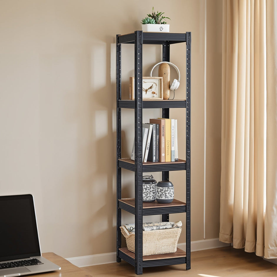 5-Tier Storage Shelf – Wood and Metal – Rustic Brown and Black – Adjustable and Heavy Duty