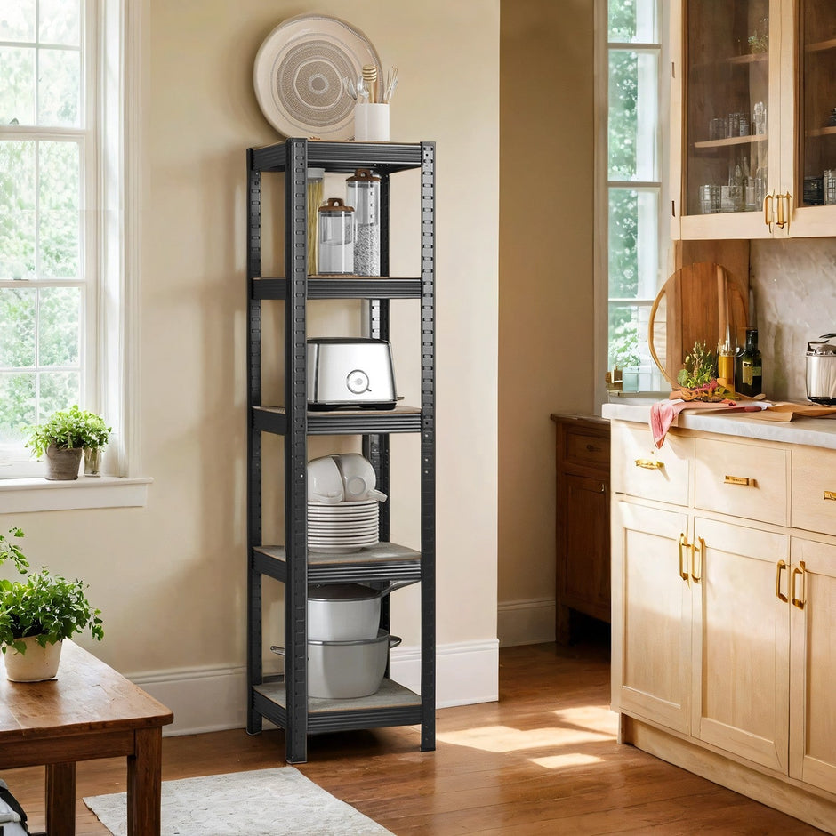 5-Tier Storage Shelf – Wood and Metal – Rustic Brown and Black – Adjustable and Heavy Duty