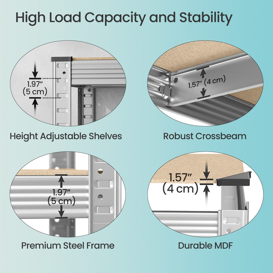 Garage Storage Shelving – Metal – Silver – Set of 2, Adjustable 5-Tier Design, Maximum Load 650 kg