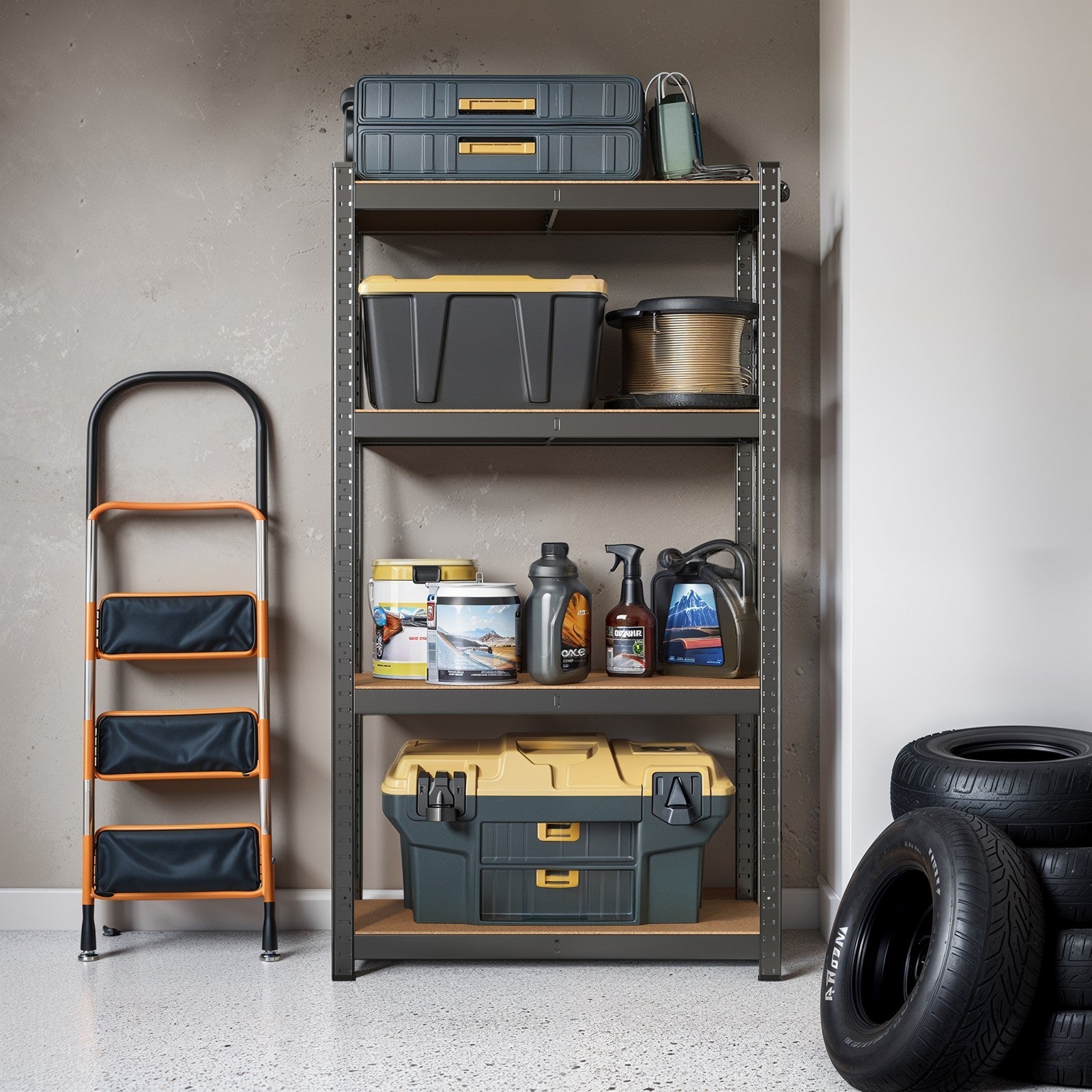 4-Tier Shelving Unit – Steel – Blue/Black/Rustic Brown – 520 kg Load Capacity
