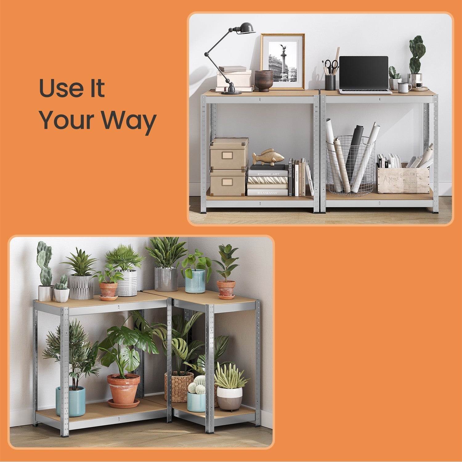4-Tier Shelving Unit – Steel – Blue/Black/Rustic Brown – 520 kg Load Capacity