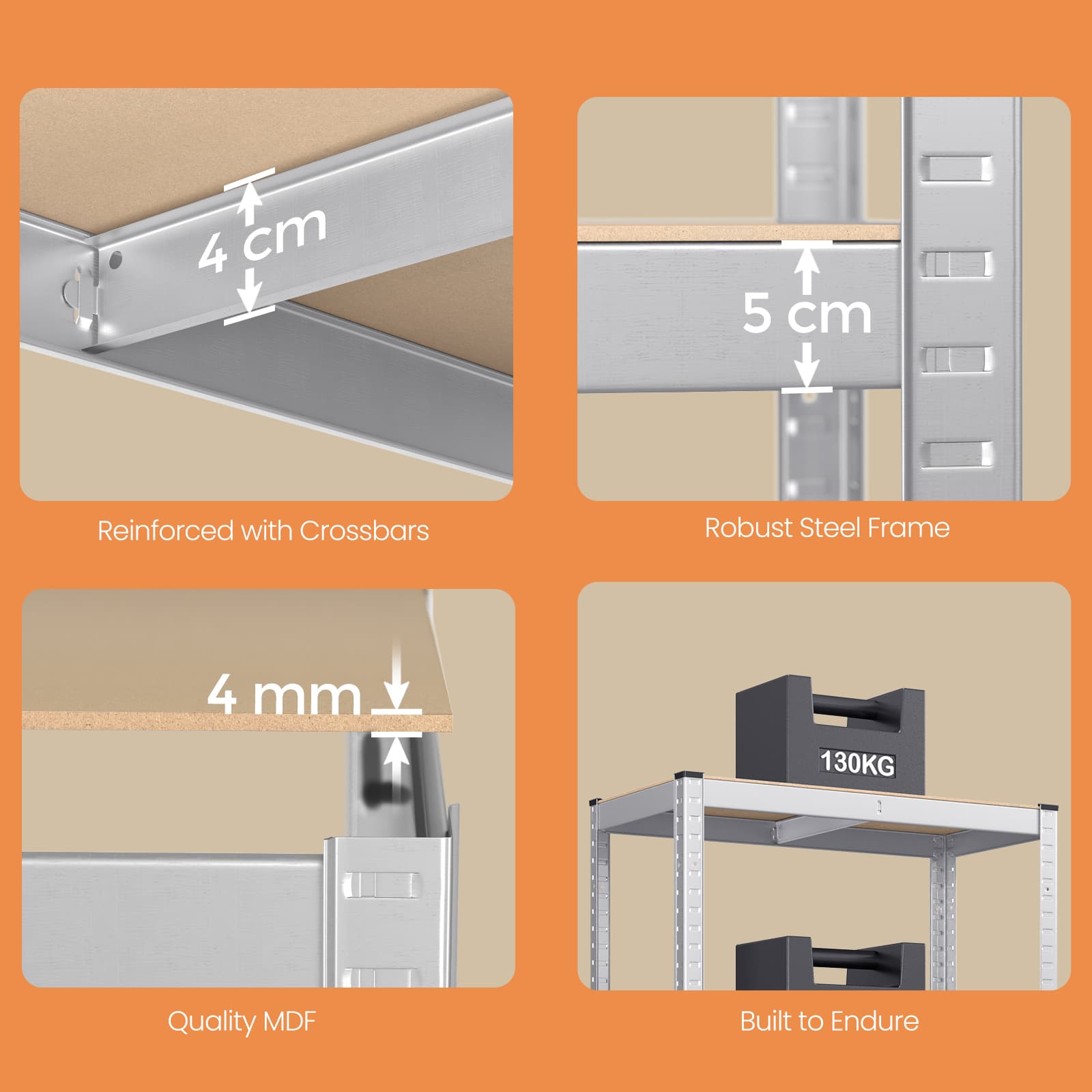 4-Tier Garage Storage Shelving – Steel – Silver – Heavy-Duty Load Capacity 520 kg
