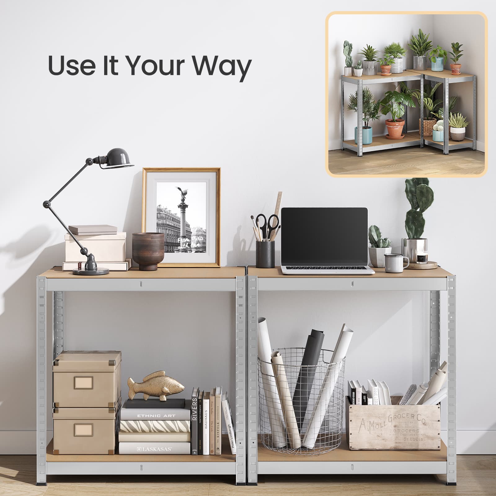 4-Tier Garage Storage Shelving – Steel – Silver – Heavy-Duty Load Capacity 520 kg