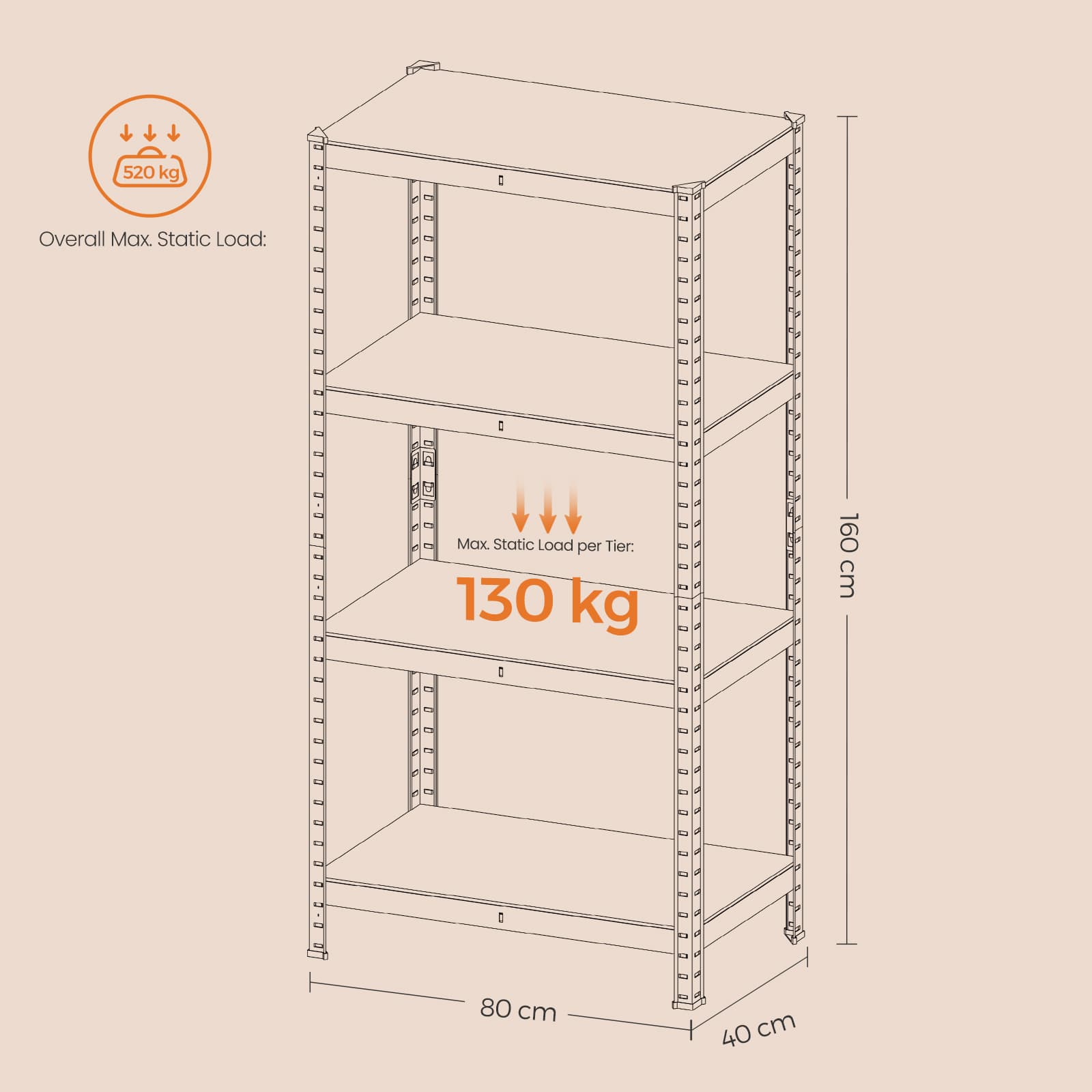 4-Tier Garage Storage Shelving – Steel – Silver – Heavy-Duty Load Capacity 520 kg