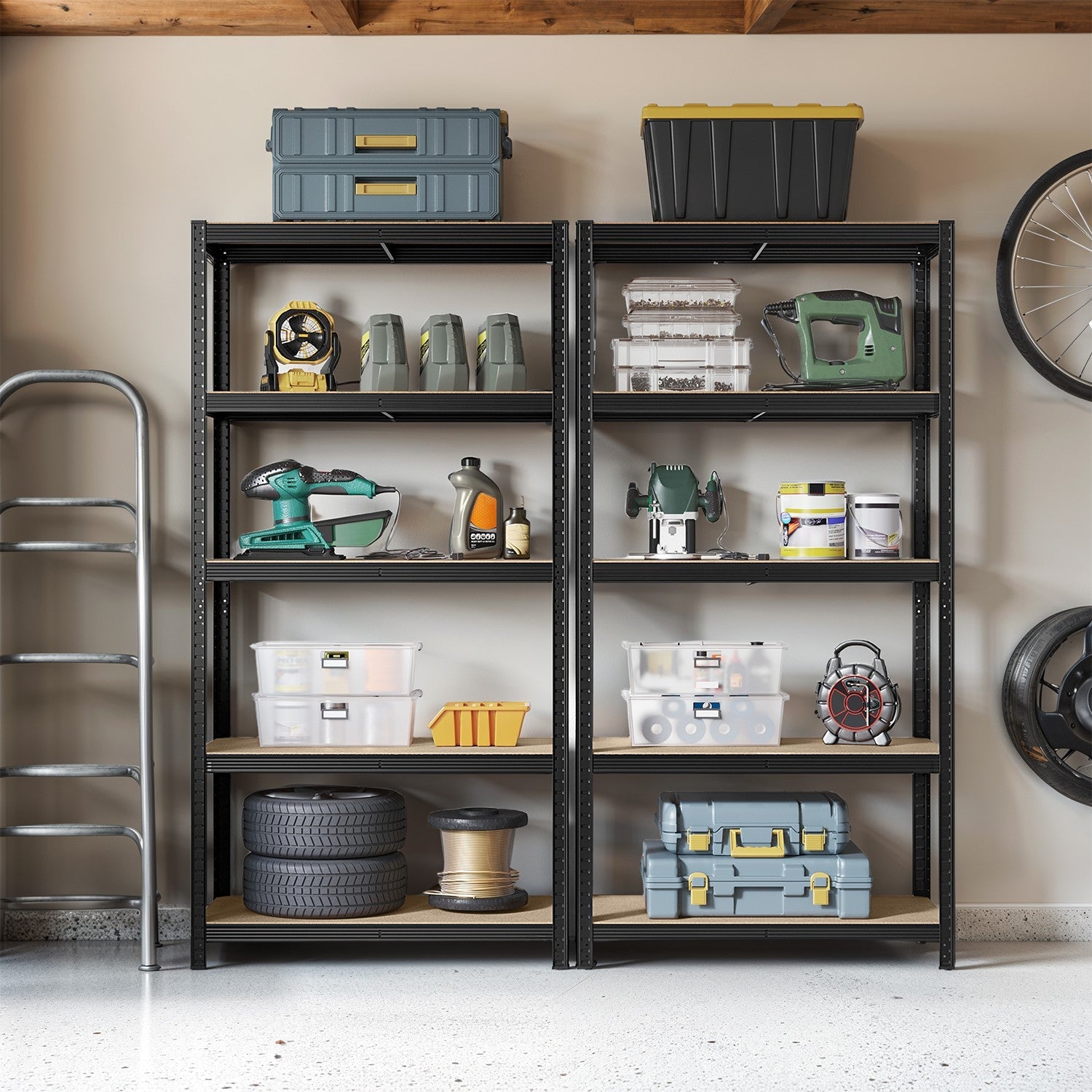 Garage Storage Shelving – Metal – Black – Adjustable 5-Tier Unit, Set of 2, 50 x 100 x 200 cm, 650 kg Load Capacity