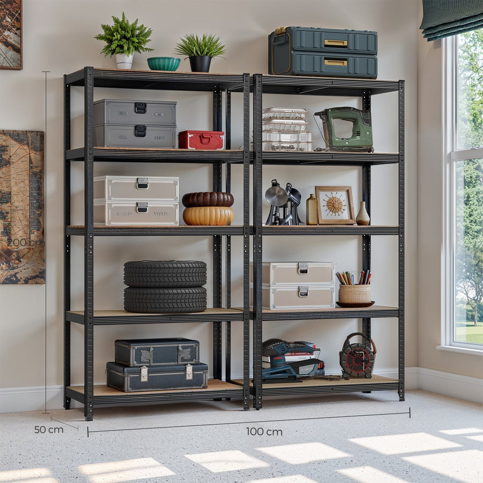 Garage Storage Shelving – Metal – Black – Adjustable 5-Tier Unit, Set of 2, 50 x 100 x 200 cm, 650 kg Load Capacity