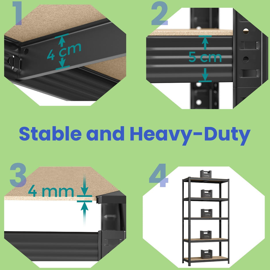 Garage Storage Shelving – Metal – Black – Adjustable 5-Tier Unit, Set of 2, 50 x 100 x 200 cm, 650 kg Load Capacity