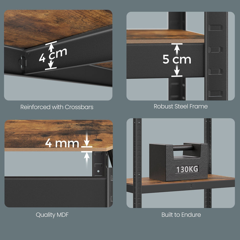 5-Tier Storage Shelving Unit – Metal – Brown and Black – Adjustable, Industrial Design, 650 kg Capacity