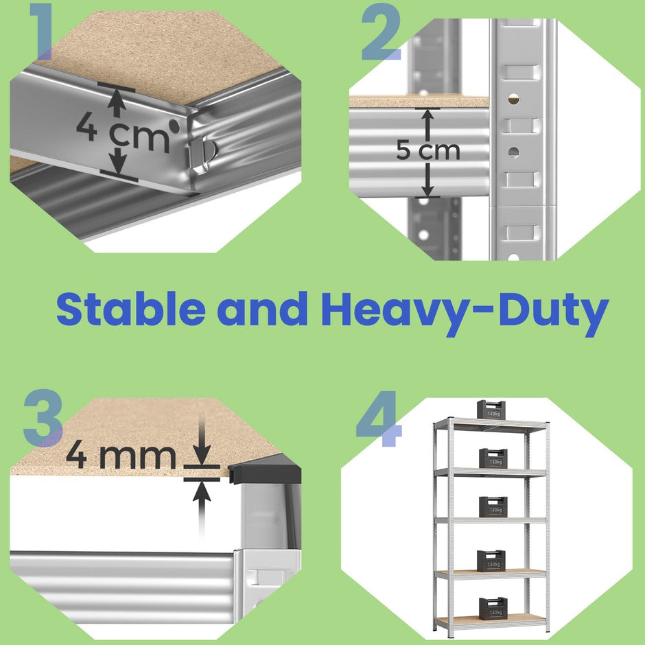 Storage Shelving Unit – Metal – Silver – 5-Tier, Adjustable, 650 kg Capacity