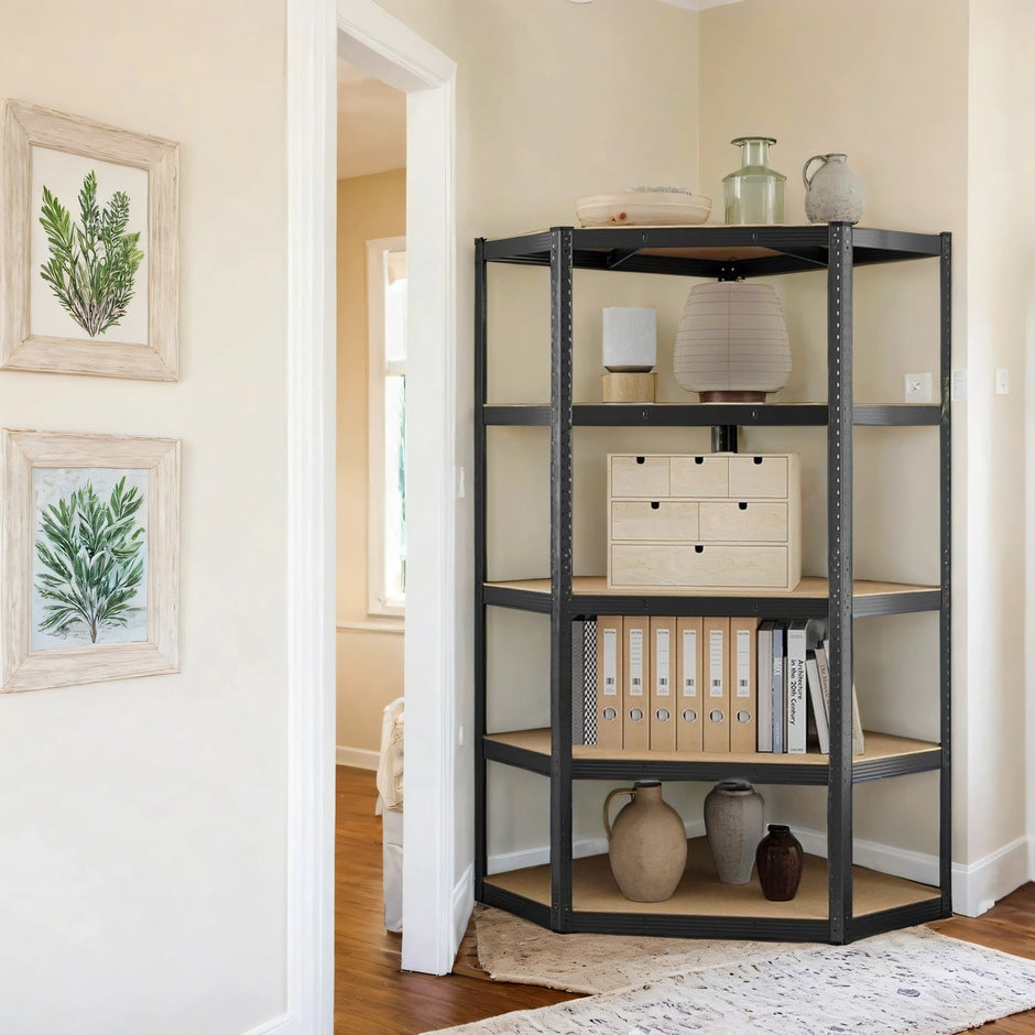 5-Tier Corner Shelf – Heavy Duty Metal – Silver and Natural Beige – 875 kg Load Capacity