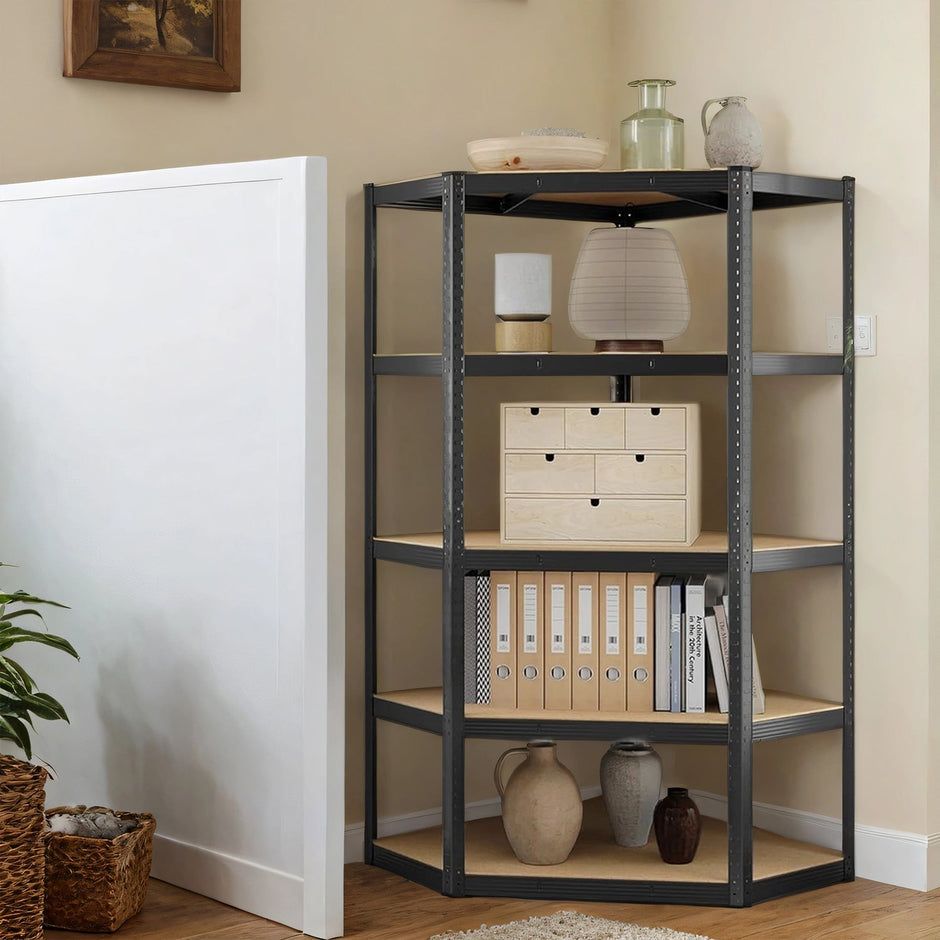 5-Tier Corner Shelf – Heavy Duty Metal – Silver and Natural Beige – 875 kg Load Capacity