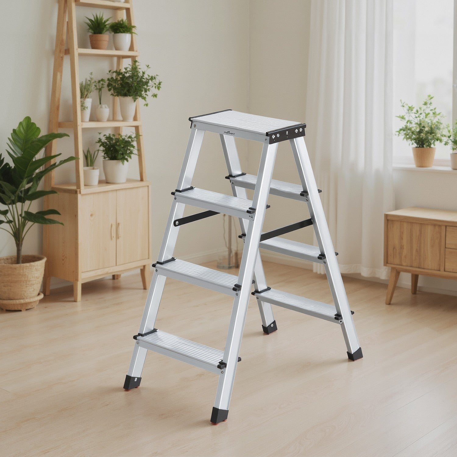 4-Step Ladder – Aluminium – Silver – Lightweight and Folding with Non-Slip Steps, Max. Weight Capacity 150 kg