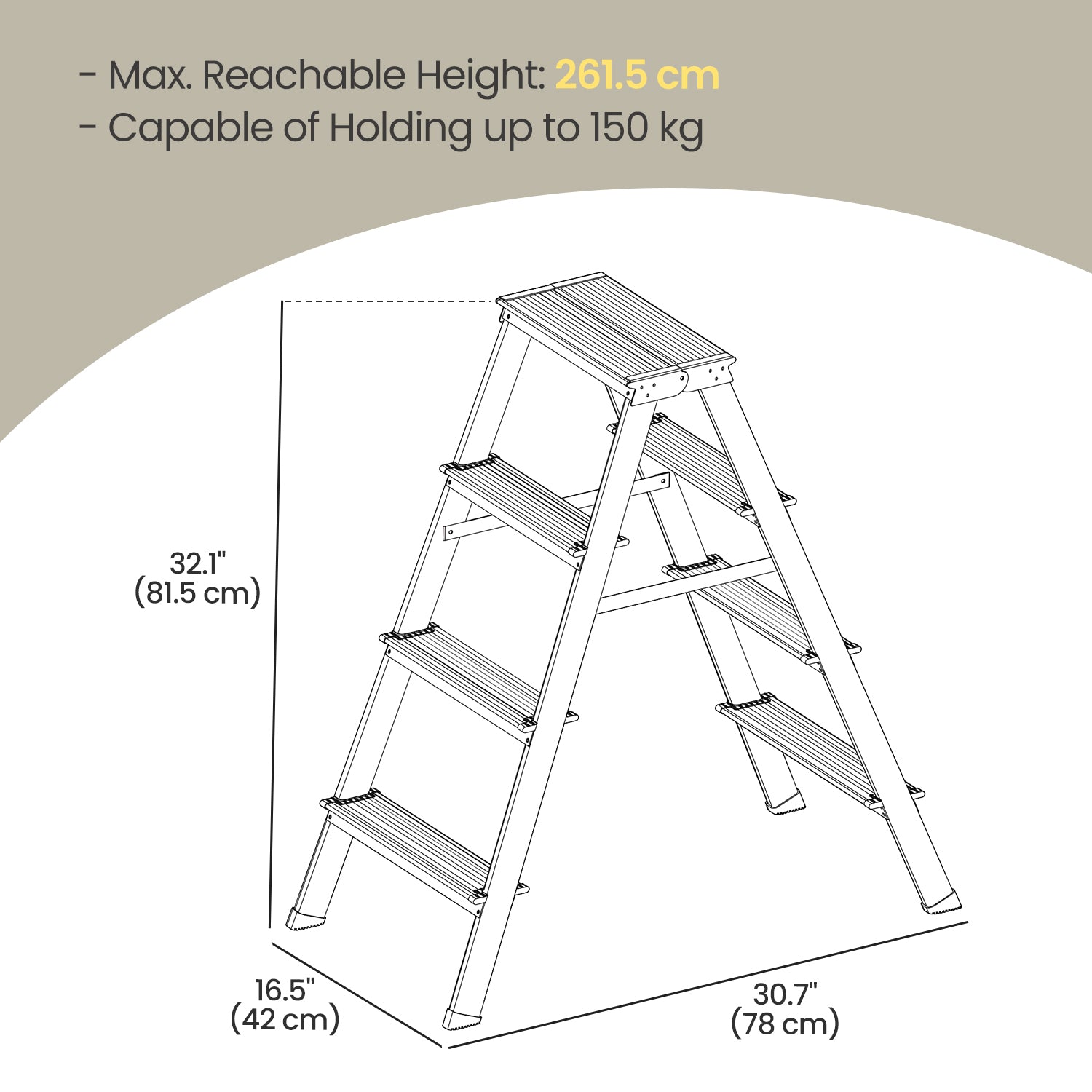 4-Step Ladder – Aluminium – Silver – Lightweight and Folding with Non-Slip Steps, Max. Weight Capacity 150 kg