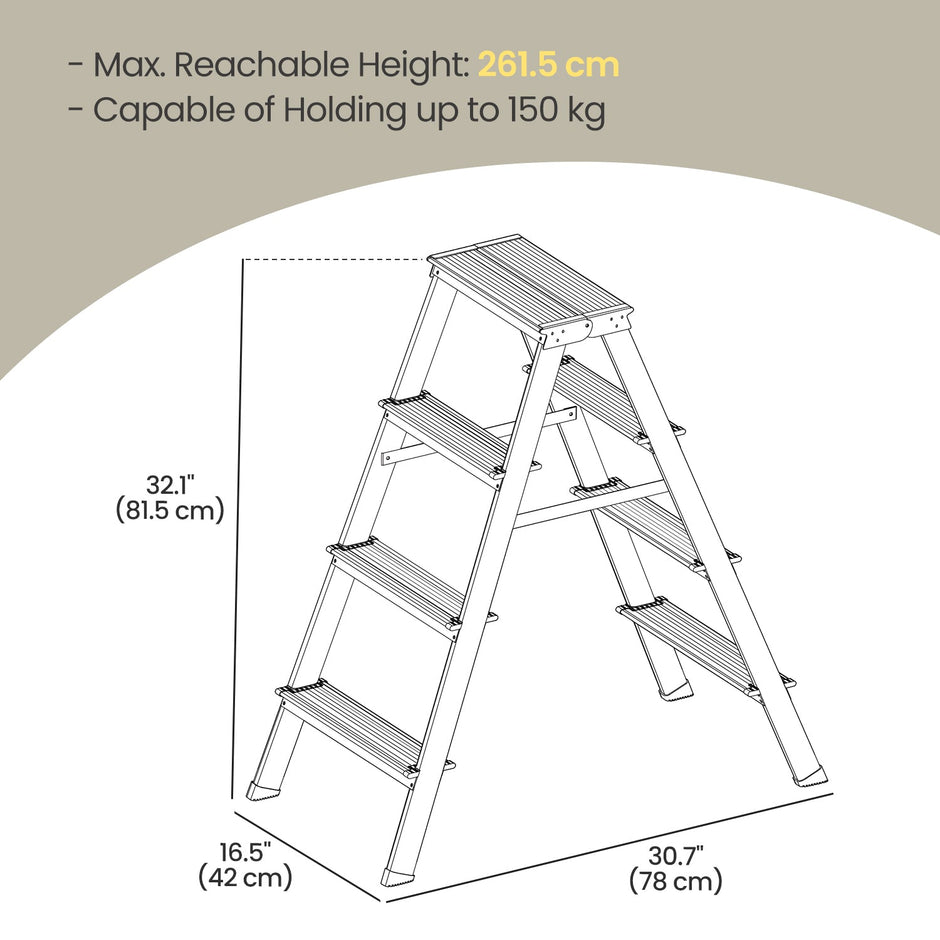 4-Step Ladder – Aluminium – Silver – Lightweight and Folding with Non-Slip Steps, Max. Weight Capacity 150 kg