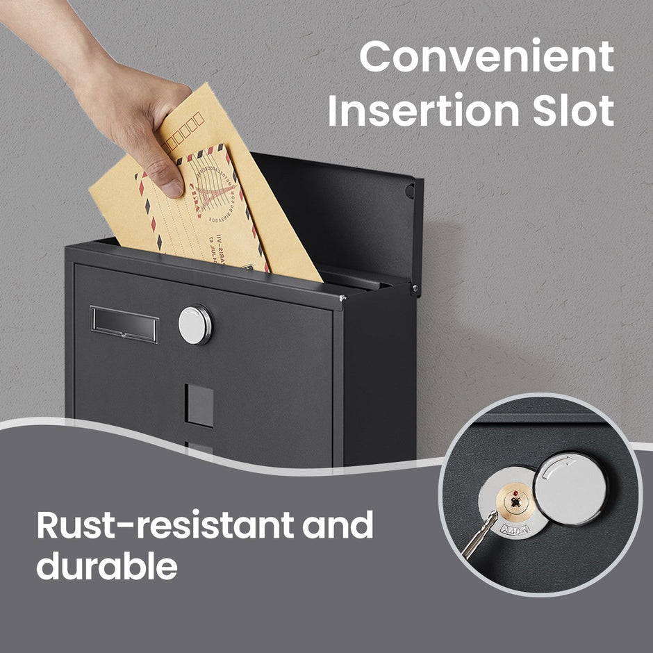Wall Mounted Mailbox – Metal – Ink Black – With Lock, Nameplate, and Newspaper Holder