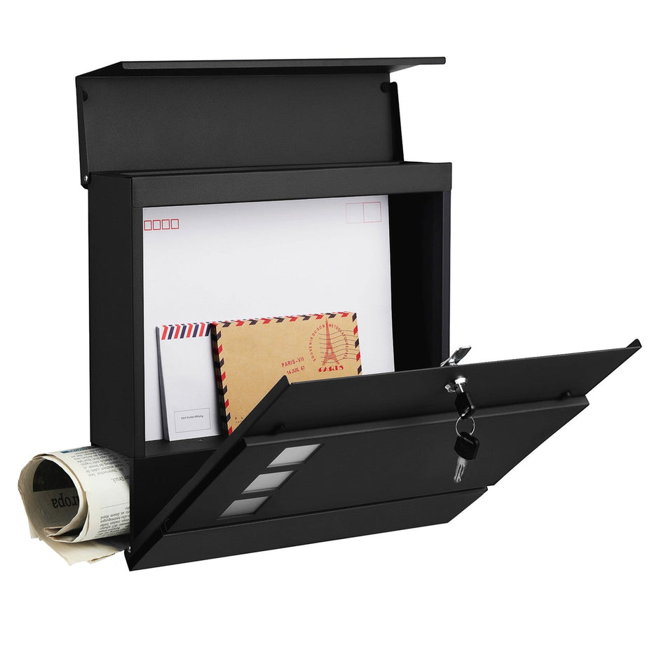Lockable Wall-Mounted Mailbox – Metal – Black – Includes Newspaper Holder, Easy to Install