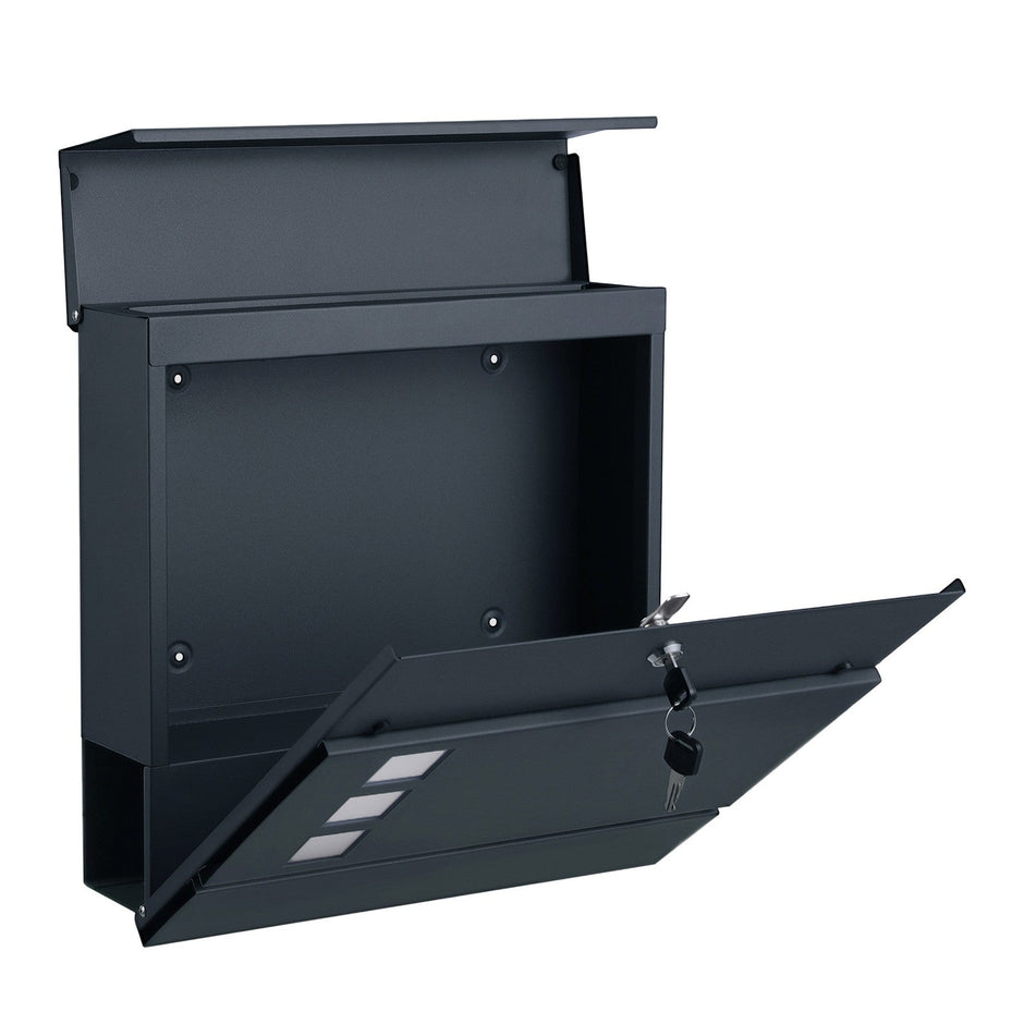 Lockable Wall-Mounted Mailbox – Metal – Black – Includes Newspaper Holder, Easy to Install