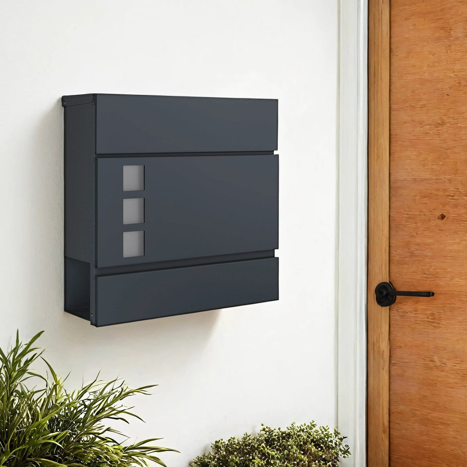 Lockable Wall-Mounted Mailbox – Metal – Black – Includes Newspaper Holder, Easy to Install