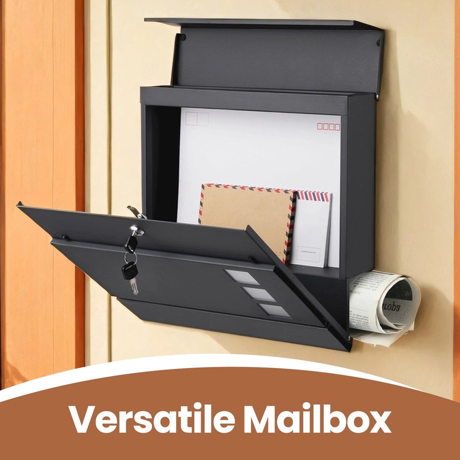 Lockable Wall-Mounted Mailbox – Metal – Black – Includes Newspaper Holder, Easy to Install