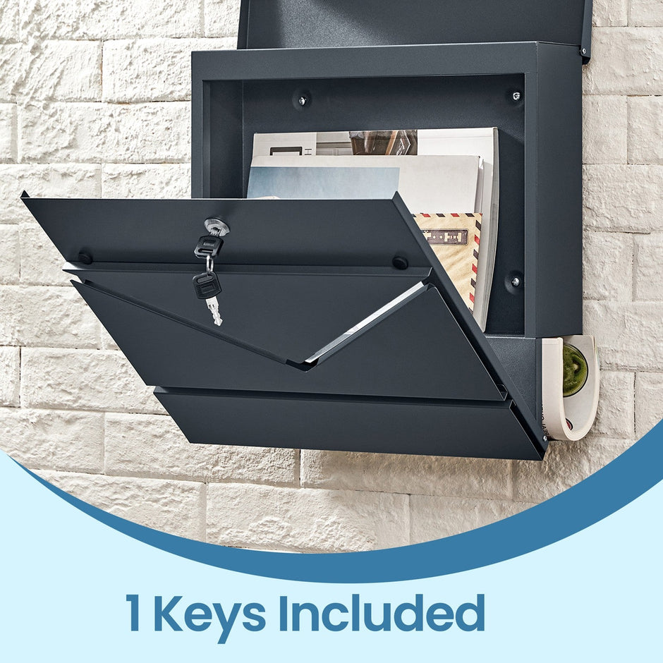 Lockable Wall-Mounted Mailbox – Metal – Anthracite Grey and Silver – Includes Newspaper Holder, Easy Installation