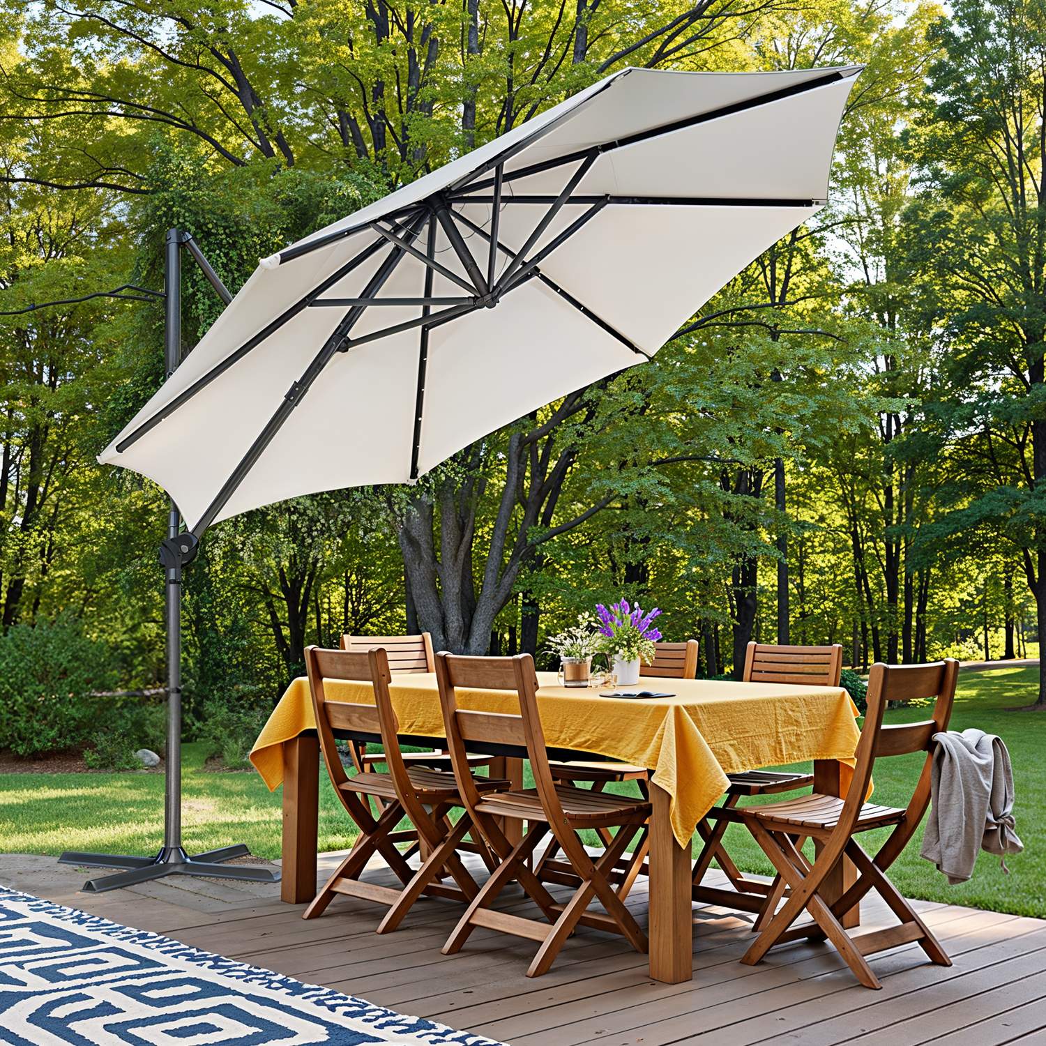 Patio Parasol – Fabric – Dove Grey – 3 m, UPF 50+, 28 Solar Powered LED Lights, 360° Swivel, Tiltable
