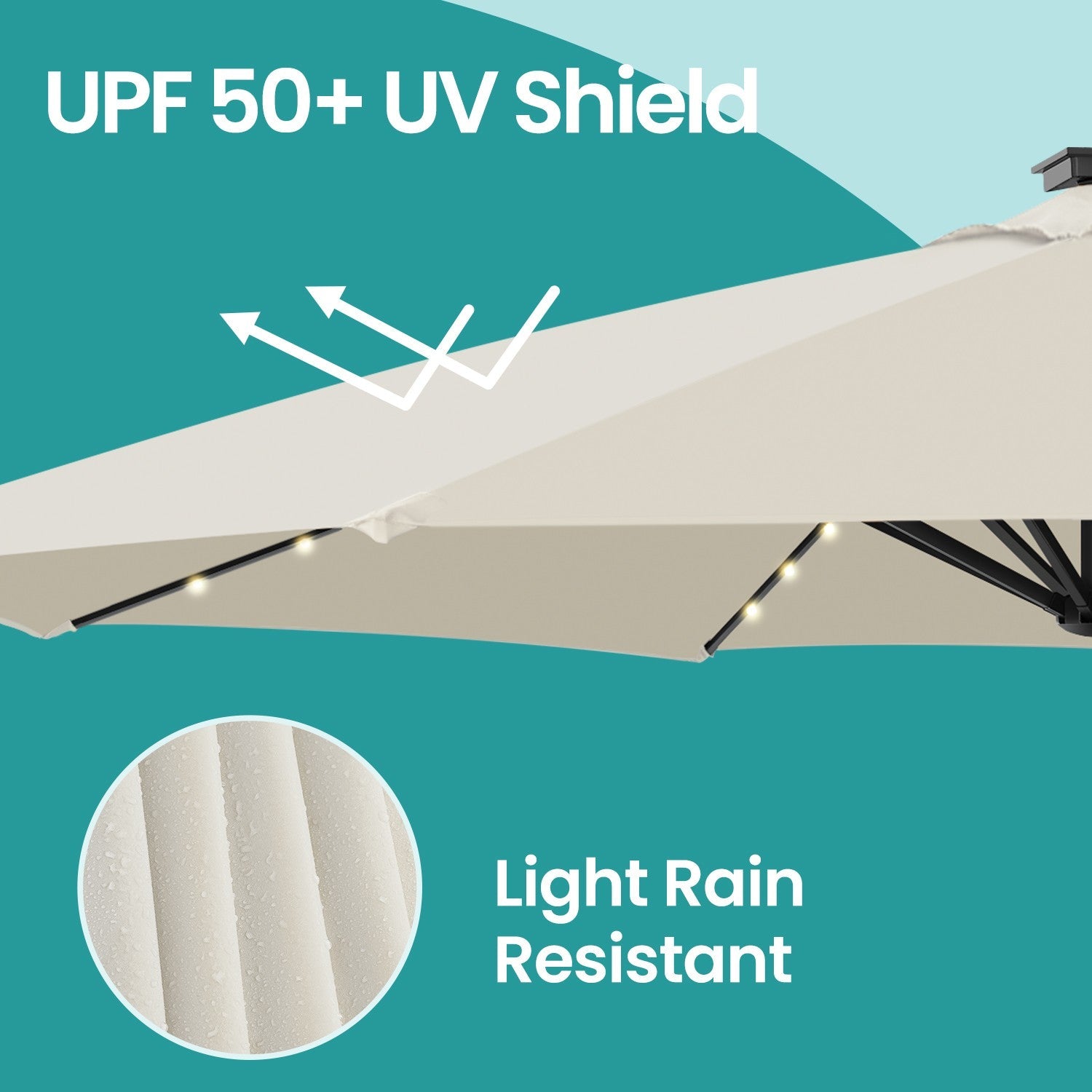 Patio Parasol – Fabric – Dove Grey – 3 m, UPF 50+, 28 Solar Powered LED Lights, 360° Swivel, Tiltable