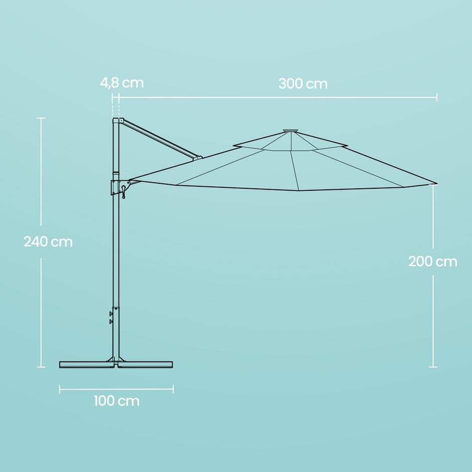 Patio Parasol – Fabric – Dove Grey – 3 m, UPF 50+, 28 Solar Powered LED Lights, 360° Swivel, Tiltable