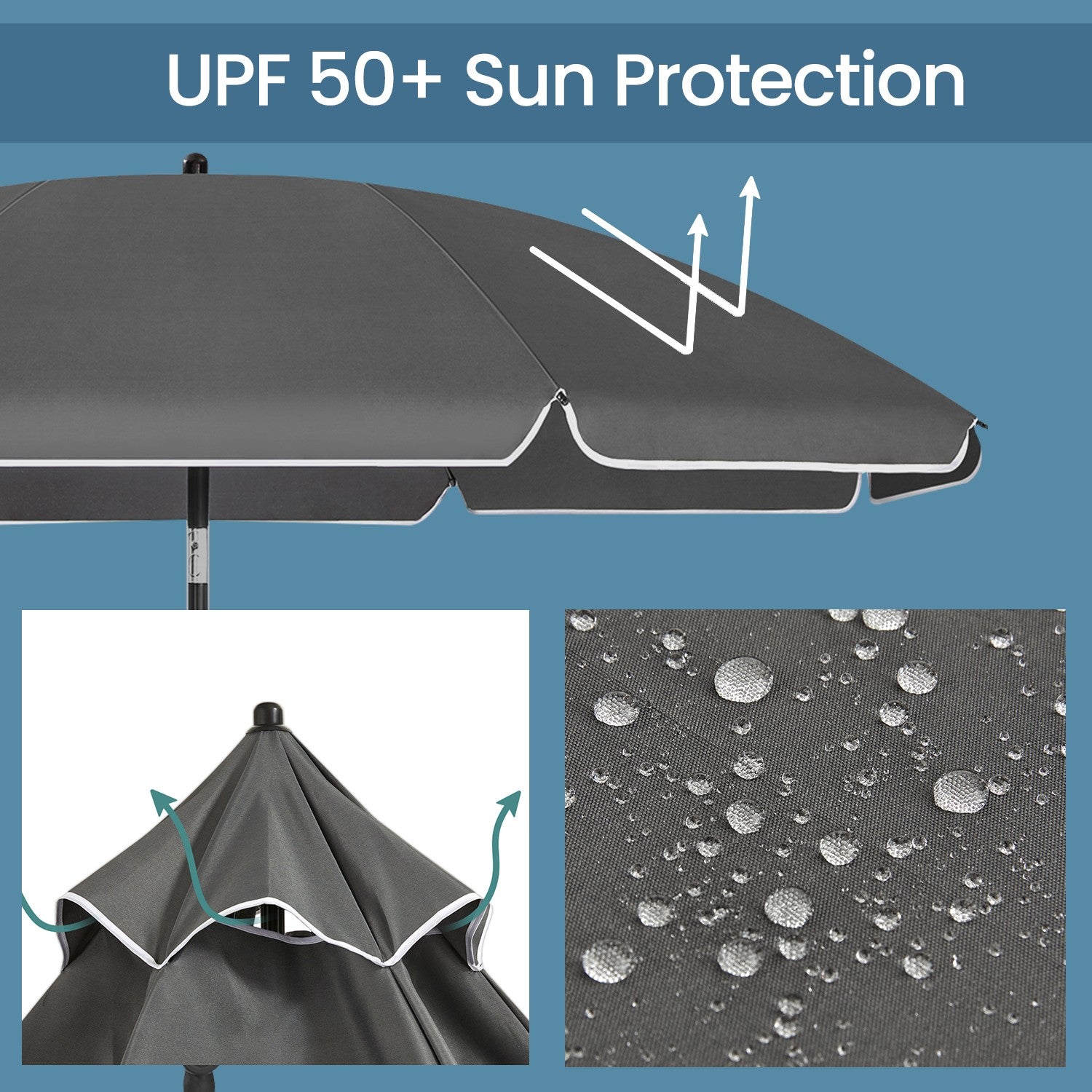 Garden Umbrella – Fabric – Grey – Height Adjustable with 30° Tilt and Portable Carry Bag, UPF 50+