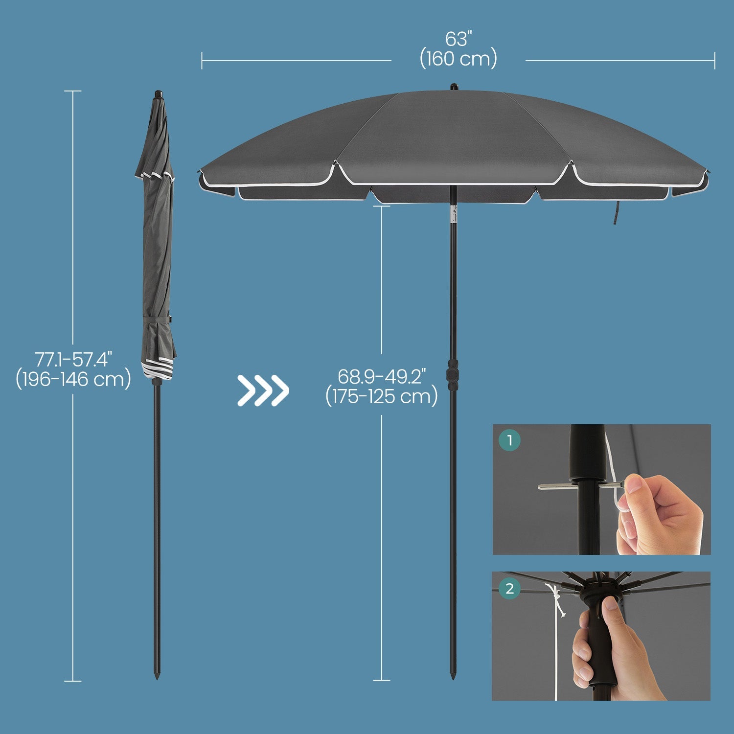 Garden Umbrella – Fabric – Grey – Height Adjustable with 30° Tilt and Portable Carry Bag, UPF 50+