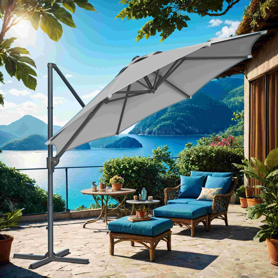 Cantilever Umbrella – Fabric – Dove Gray – 360° Rotatable, Adjustable Tilt, UPF 50+