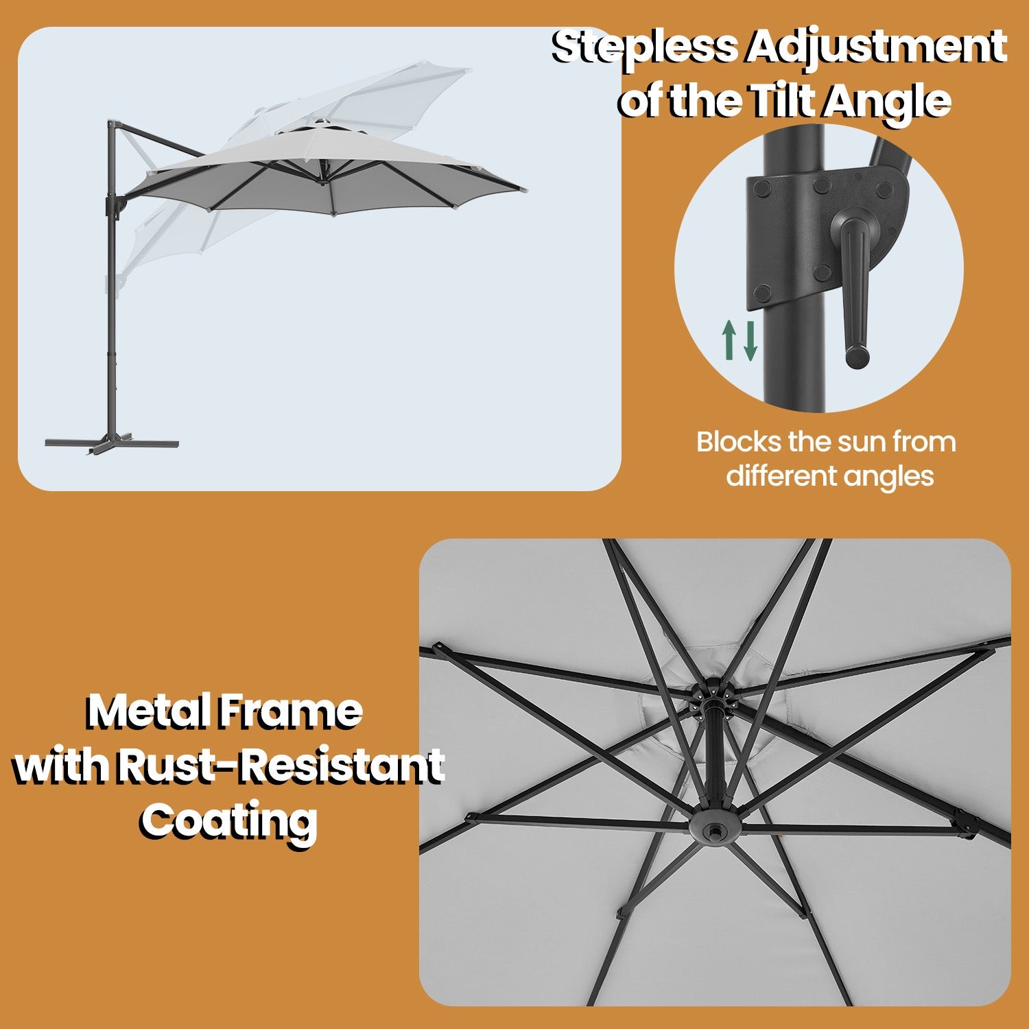 Cantilever Umbrella – Fabric – Dove Gray – 360° Rotatable, Adjustable Tilt, UPF 50+