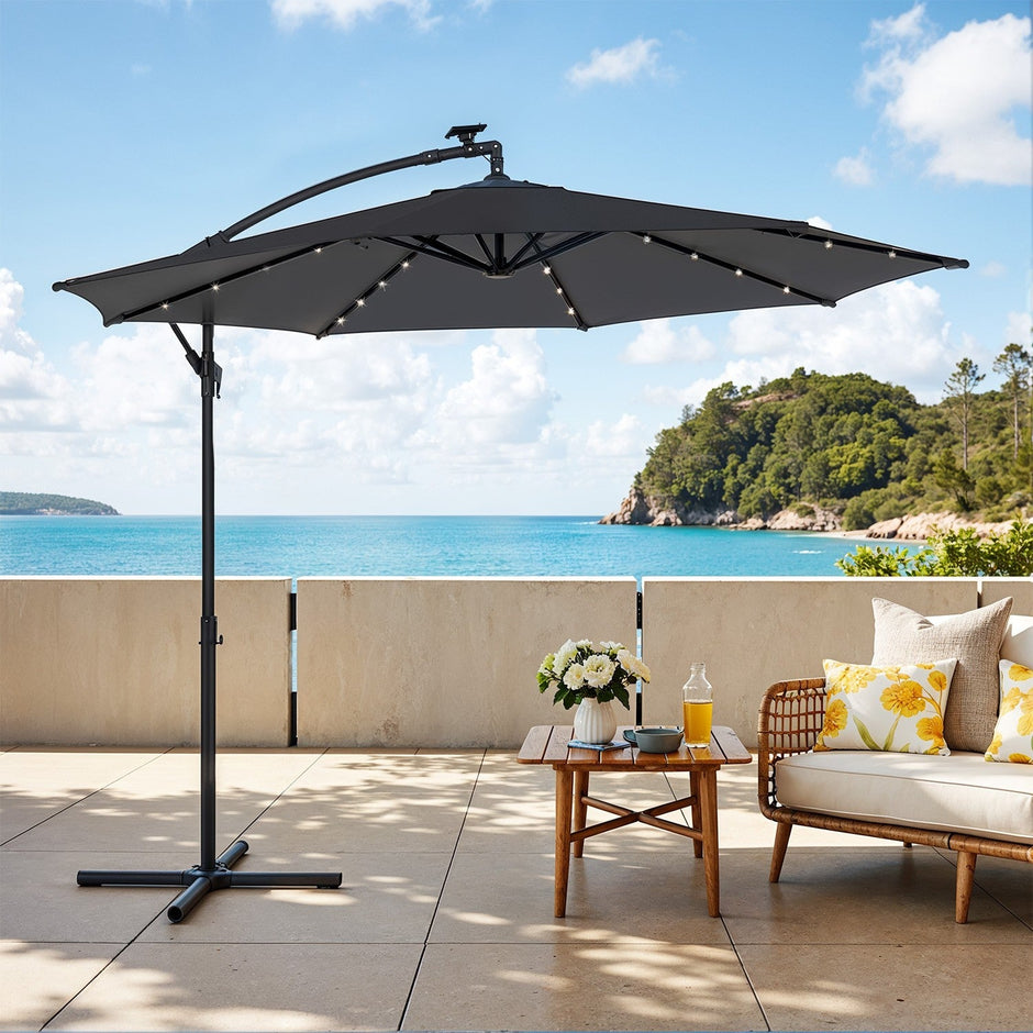 Cantilever Patio Parasol – Fabric – Grey – 32 Solar-Powered LED Lights, UPF 50+ Sun Protection