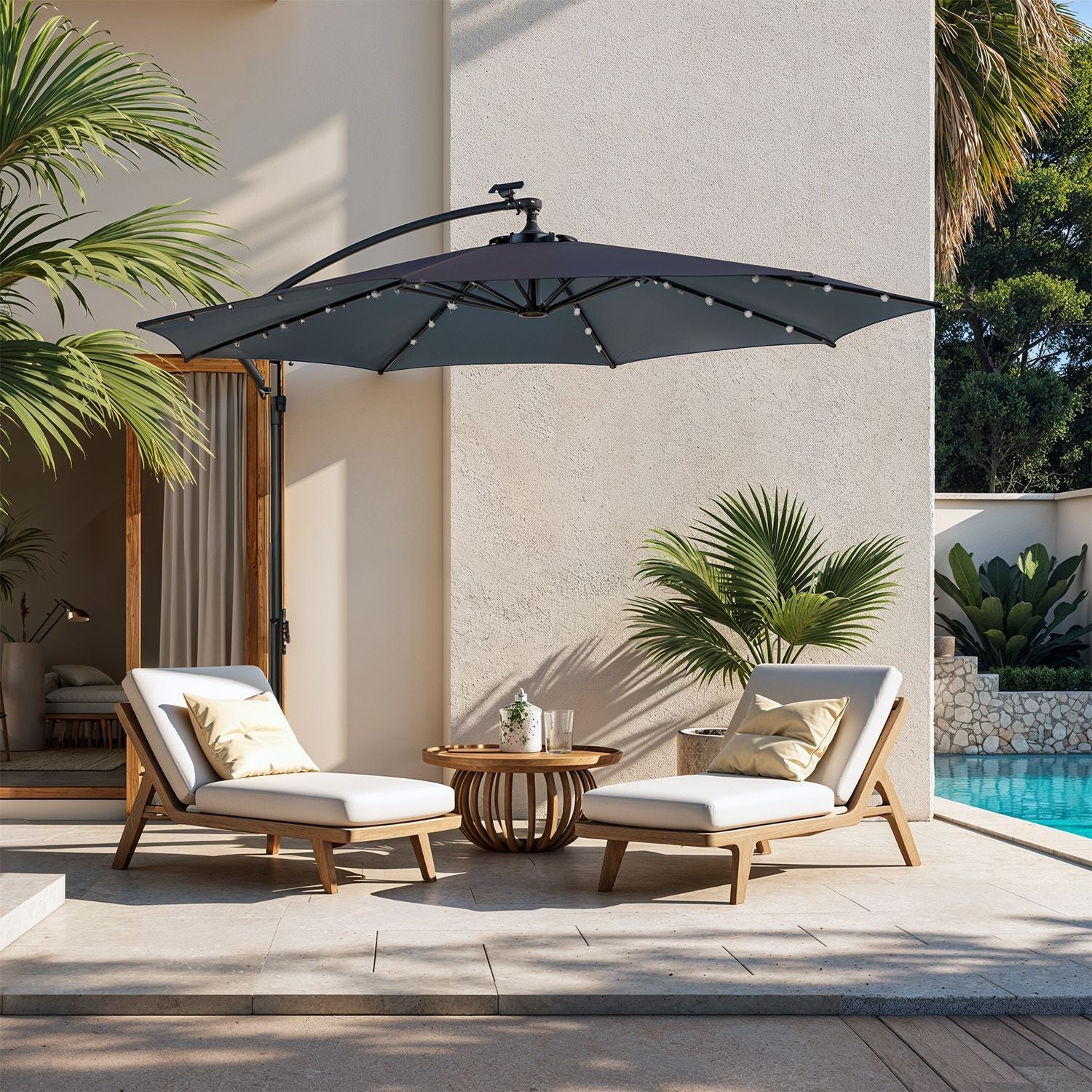 Cantilever Patio Parasol – Fabric – Grey – 32 Solar-Powered LED Lights, UPF 50+ Sun Protection