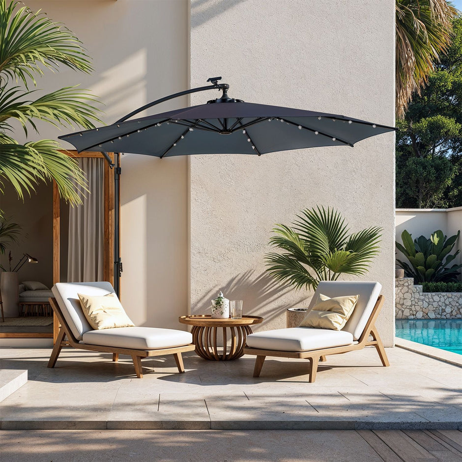 Cantilever Patio Parasol – Fabric – Grey – 32 Solar-Powered LED Lights, UPF 50+ Sun Protection