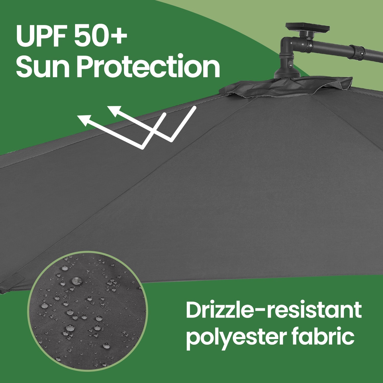 Cantilever Patio Parasol – Fabric – Grey – 32 Solar-Powered LED Lights, UPF 50+ Sun Protection