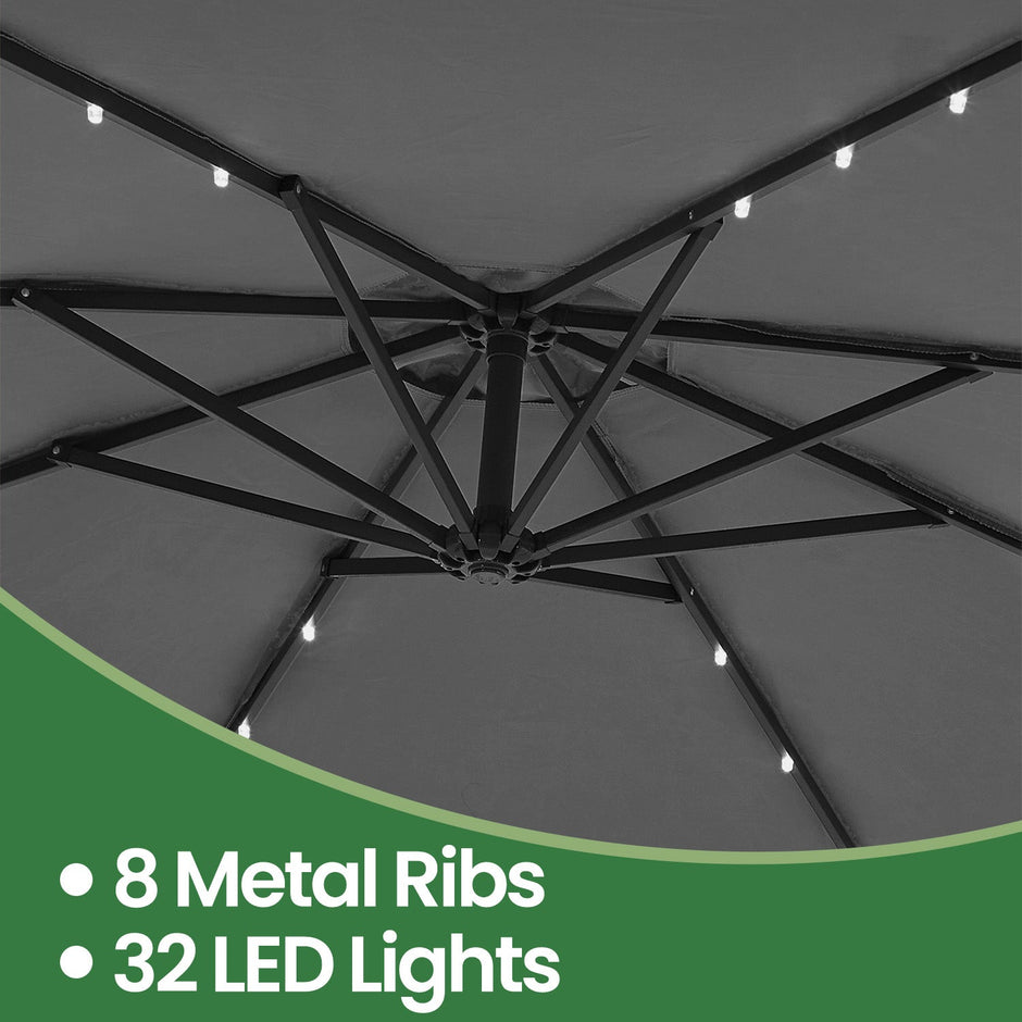 Cantilever Patio Parasol – Fabric – Grey – 32 Solar-Powered LED Lights, UPF 50+ Sun Protection