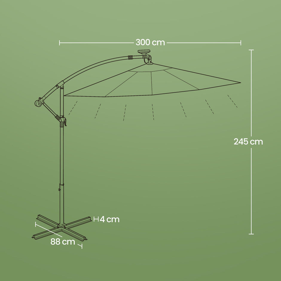 Cantilever Patio Parasol – Fabric – Grey – 32 Solar-Powered LED Lights, UPF 50+ Sun Protection