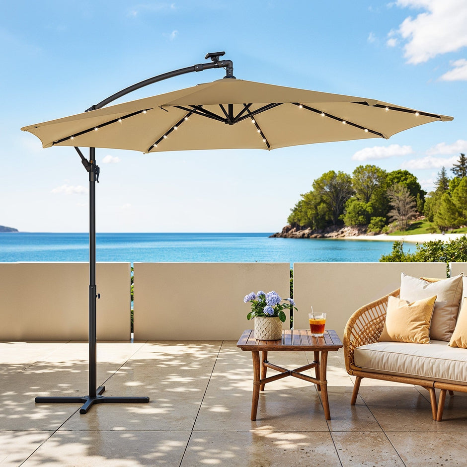 Cantilever Patio Umbrella – Fabric – Grey – 3 m with Solar-Powered LED Lights, UPF 50+ Sun Protection