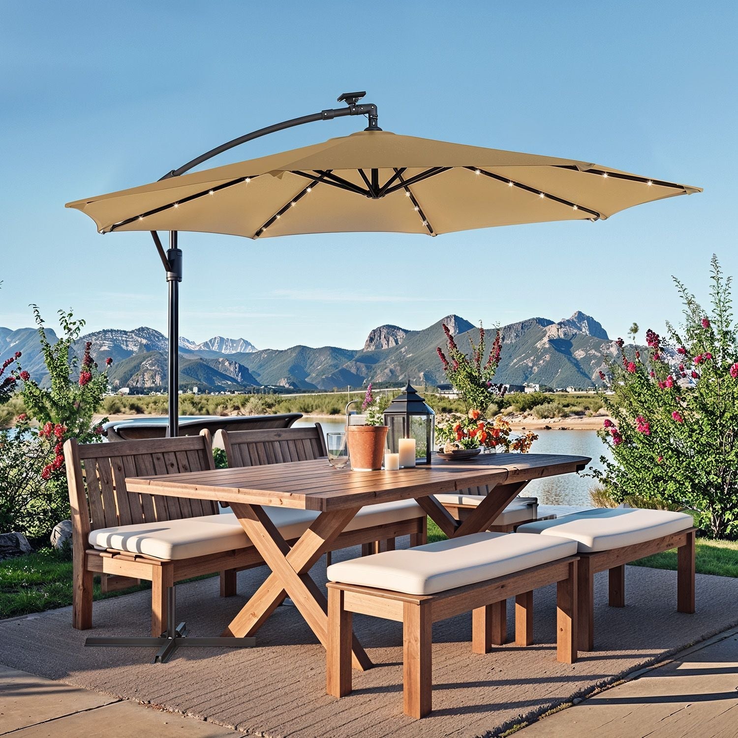Cantilever Patio Umbrella – Fabric – Grey – 3 m with Solar-Powered LED Lights, UPF 50+ Sun Protection