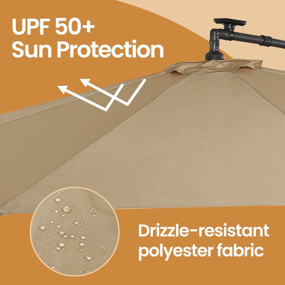 Cantilever Patio Umbrella – Fabric – Grey – 3 m with Solar-Powered LED Lights, UPF 50+ Sun Protection