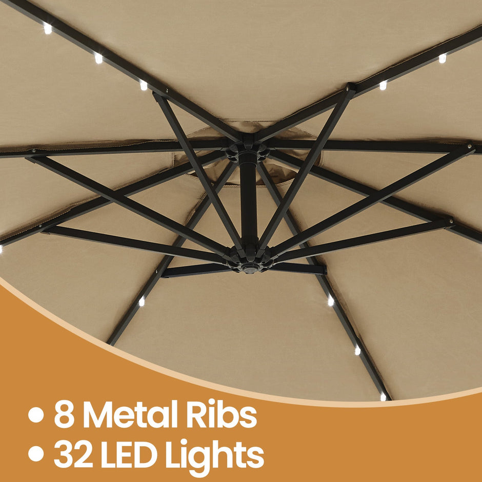 Cantilever Patio Umbrella – Fabric – Grey – 3 m with Solar-Powered LED Lights, UPF 50+ Sun Protection