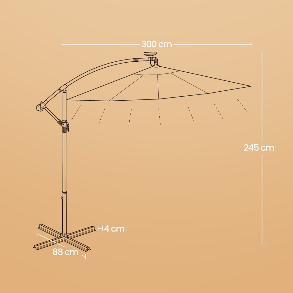 Cantilever Patio Umbrella – Fabric – Grey – 3 m with Solar-Powered LED Lights, UPF 50+ Sun Protection