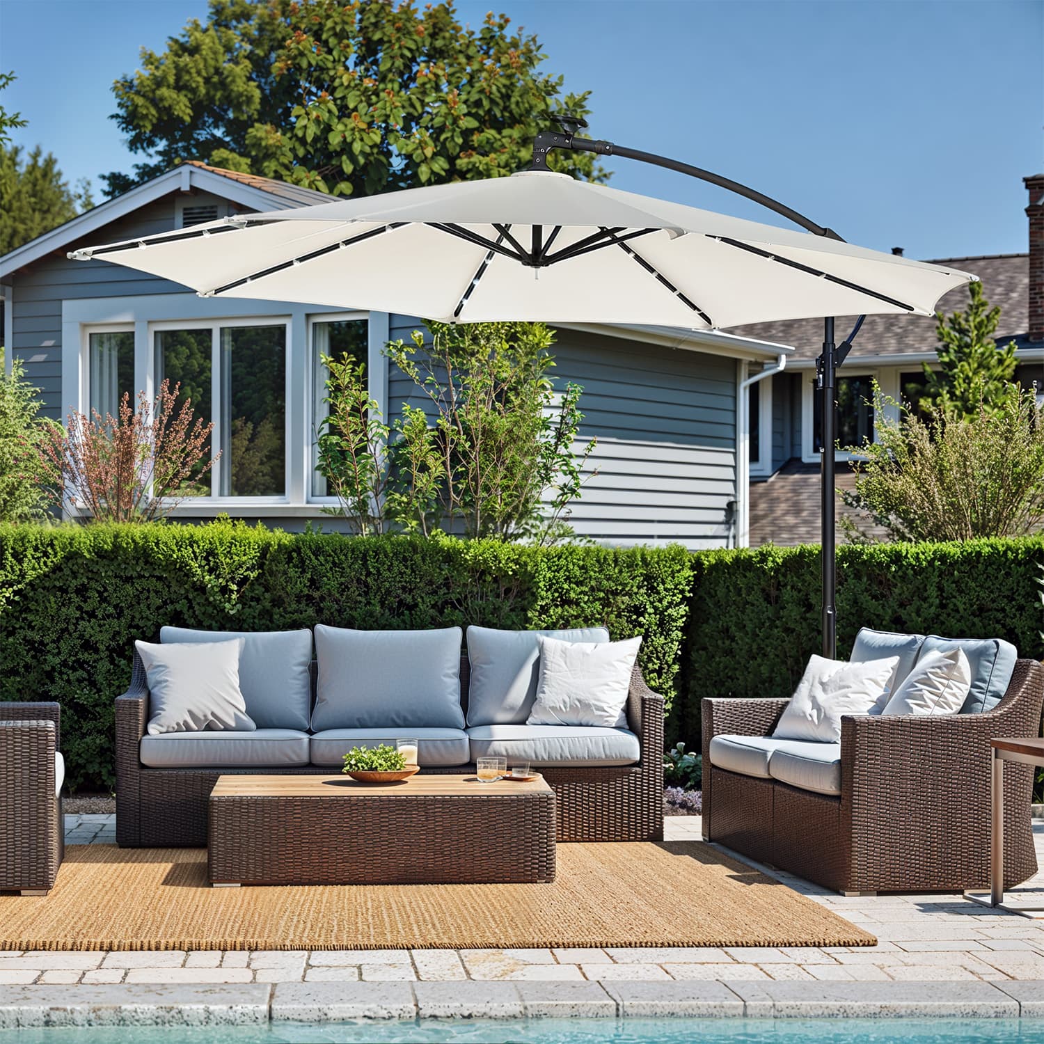 Cantilever Patio Parasol – Fabric – Grey – 32 Solar-Powered LED Lights, UPF 50+ Sun Protection