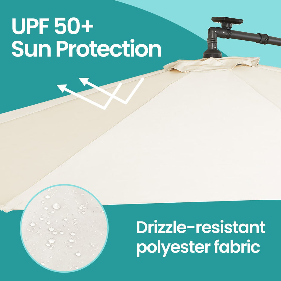 Cantilever Patio Parasol – Fabric – Grey – 32 Solar-Powered LED Lights, UPF 50+ Sun Protection