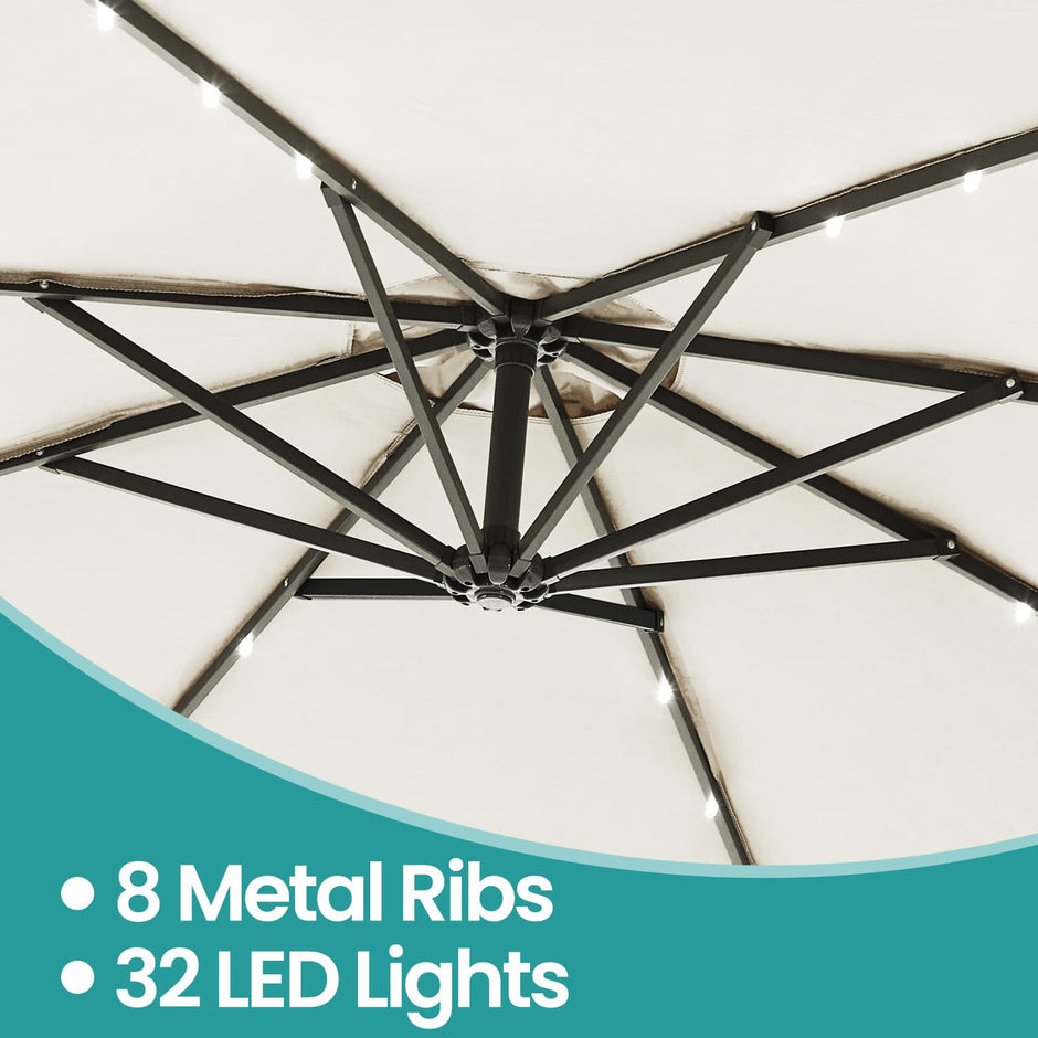Cantilever Patio Parasol – Fabric – Grey – 32 Solar-Powered LED Lights, UPF 50+ Sun Protection