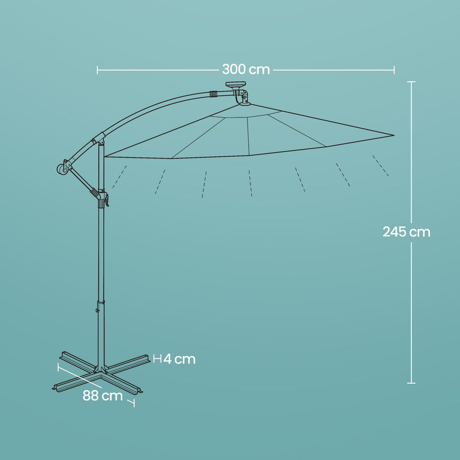 Cantilever Patio Parasol – Fabric – Grey – 32 Solar-Powered LED Lights, UPF 50+ Sun Protection