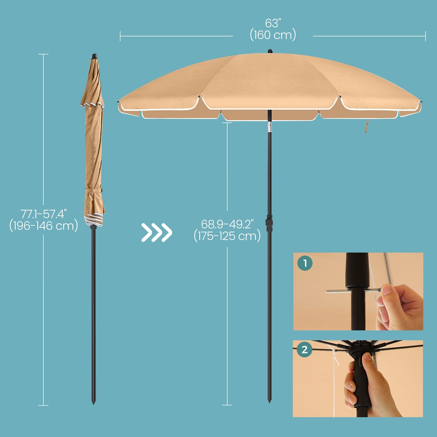 Garden Umbrella – Polyester – Beige – 30° Tilt and Height Adjustable with Portable Carry Bag, UPF 50+
